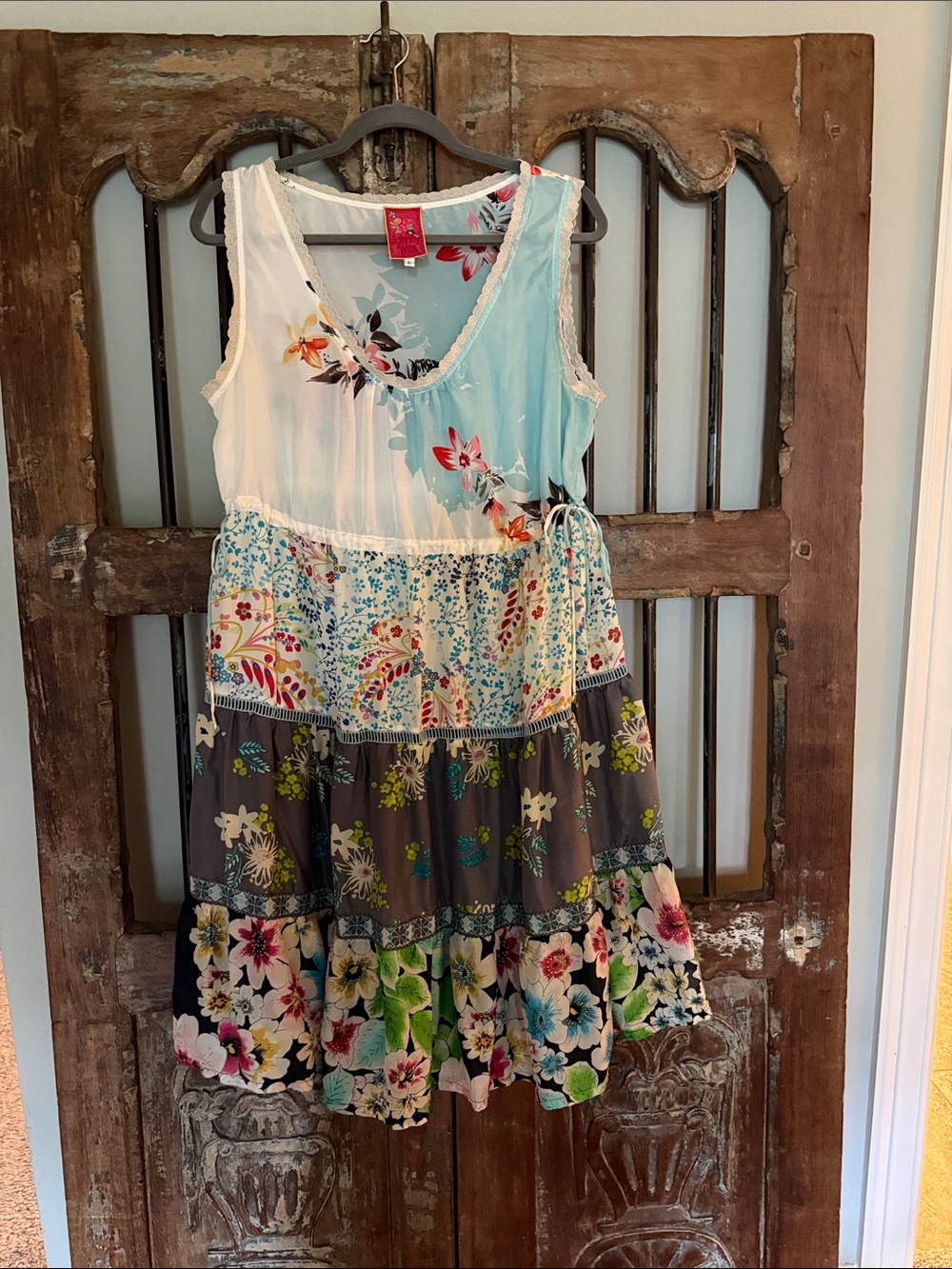 Johnny Was Floral Patchwork Dress in White, Light Blue, Gray, Green